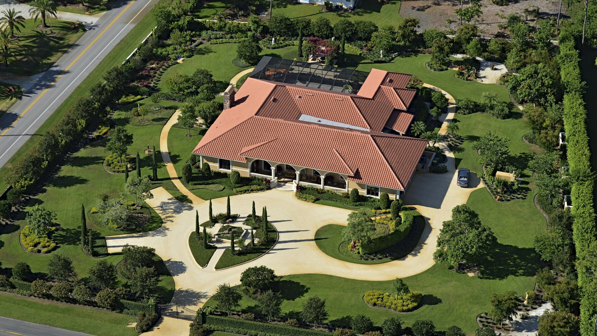 Aerial view of luxury custom Mediterranean style estate, Naples FL
